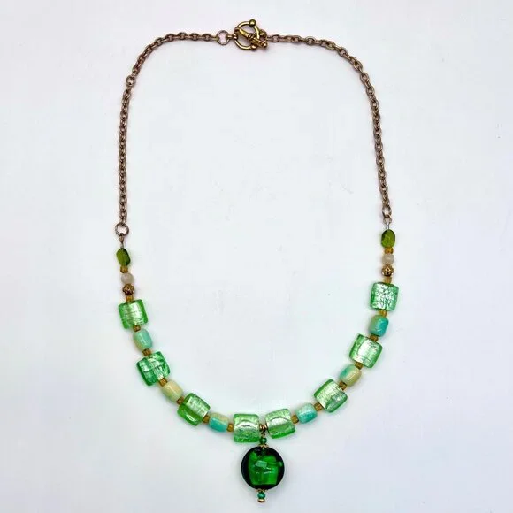 Art Glass Beaded Necklace Green Statement Pendant Toggle Clasp - Picture 6 of 10